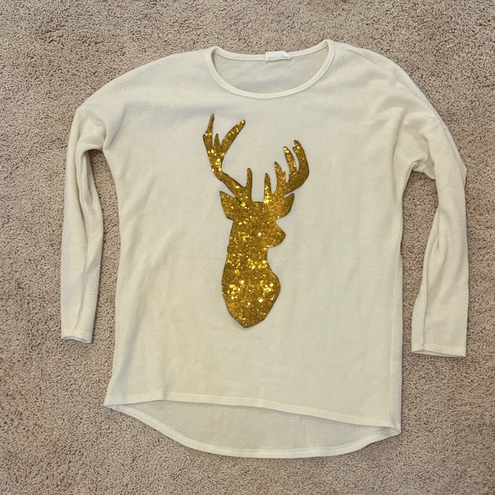 Style Rack Cream Long Sleeve with Gold Glitter Deer